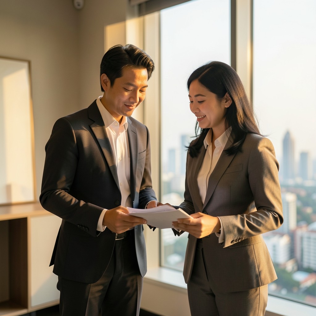 Two hospitality advisors reviewing printed demand charts near a window in Bangkok