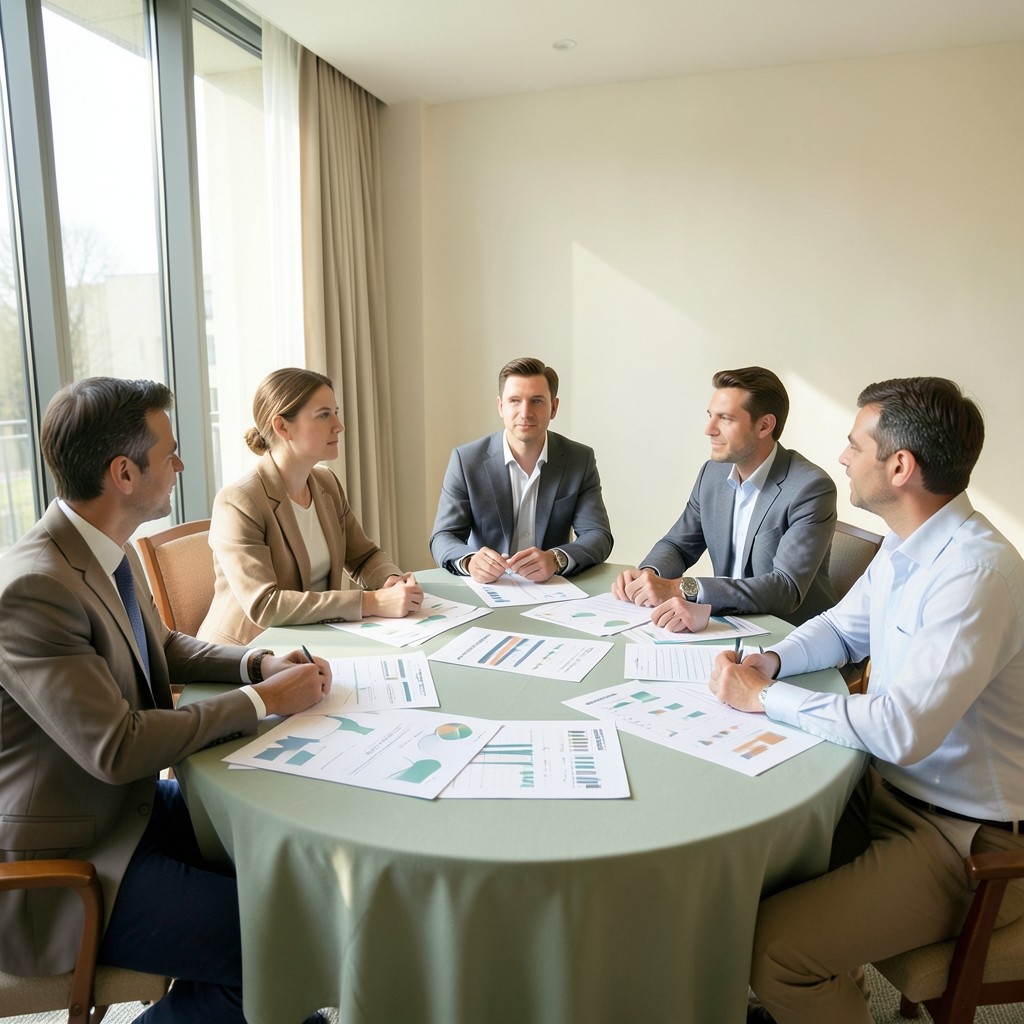 Hotel revenue team seated around a table with printed demand charts in a bright meeting room