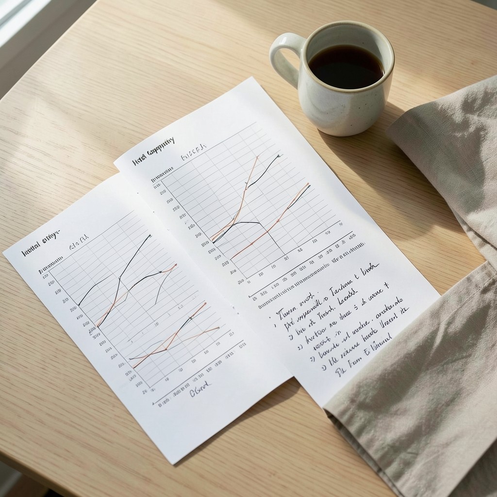 Printed charts and notes on a wooden table during a hotel revenue meeting