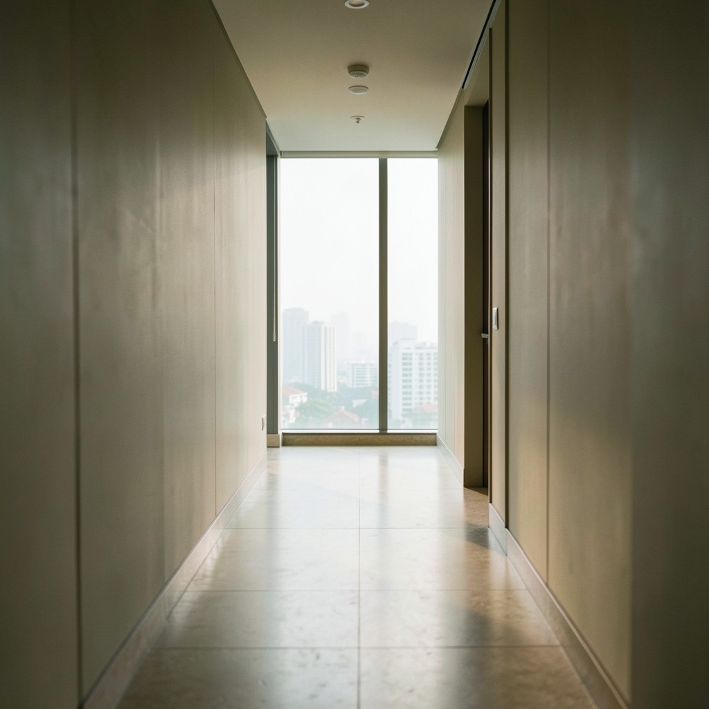 Morning light over a Bangkok hotel corridor overlooking the city skyline